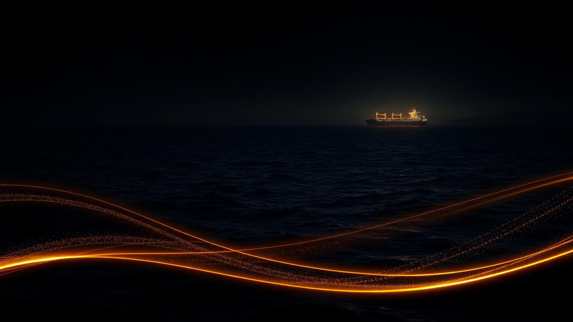 A cargo ship crossing a dark ocean beneath drifting trails of golden light